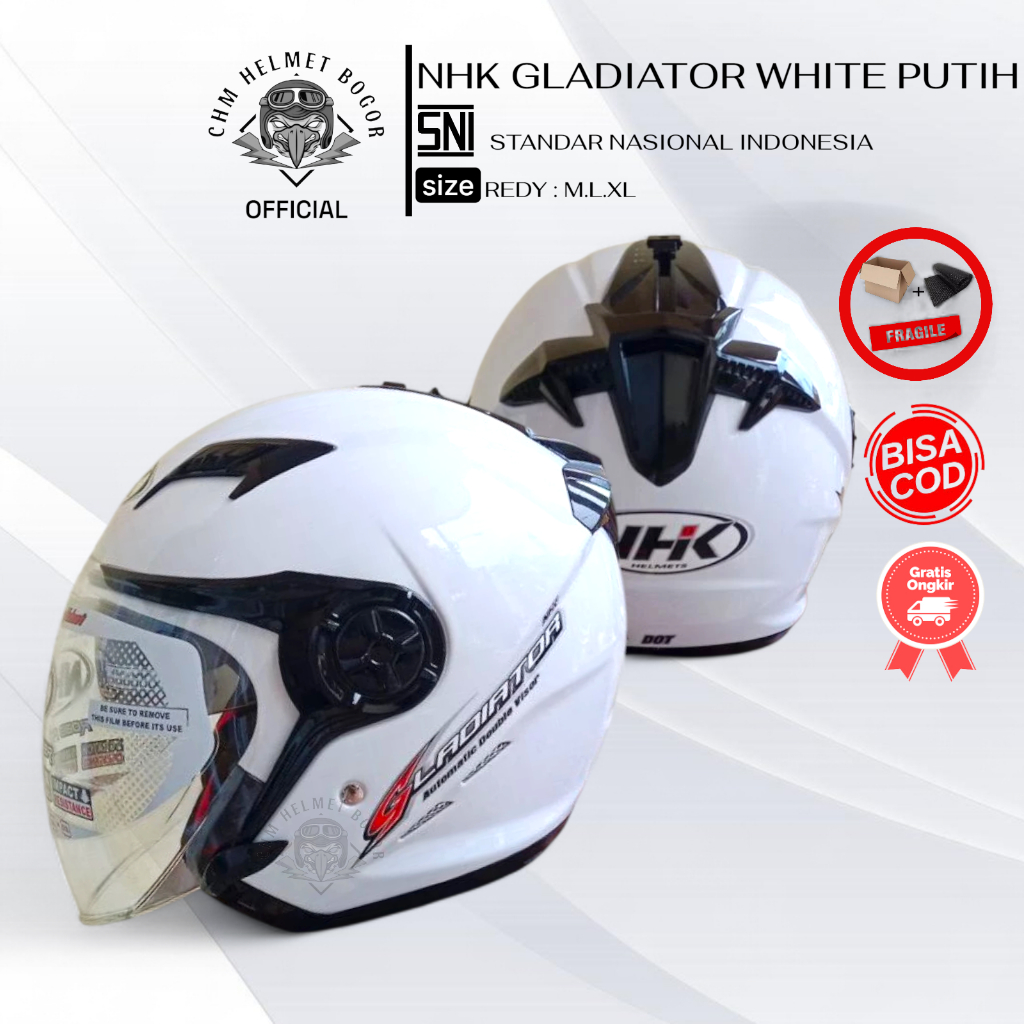 Helm NHK Gladiator Solid Putih | Half Face Double Visor