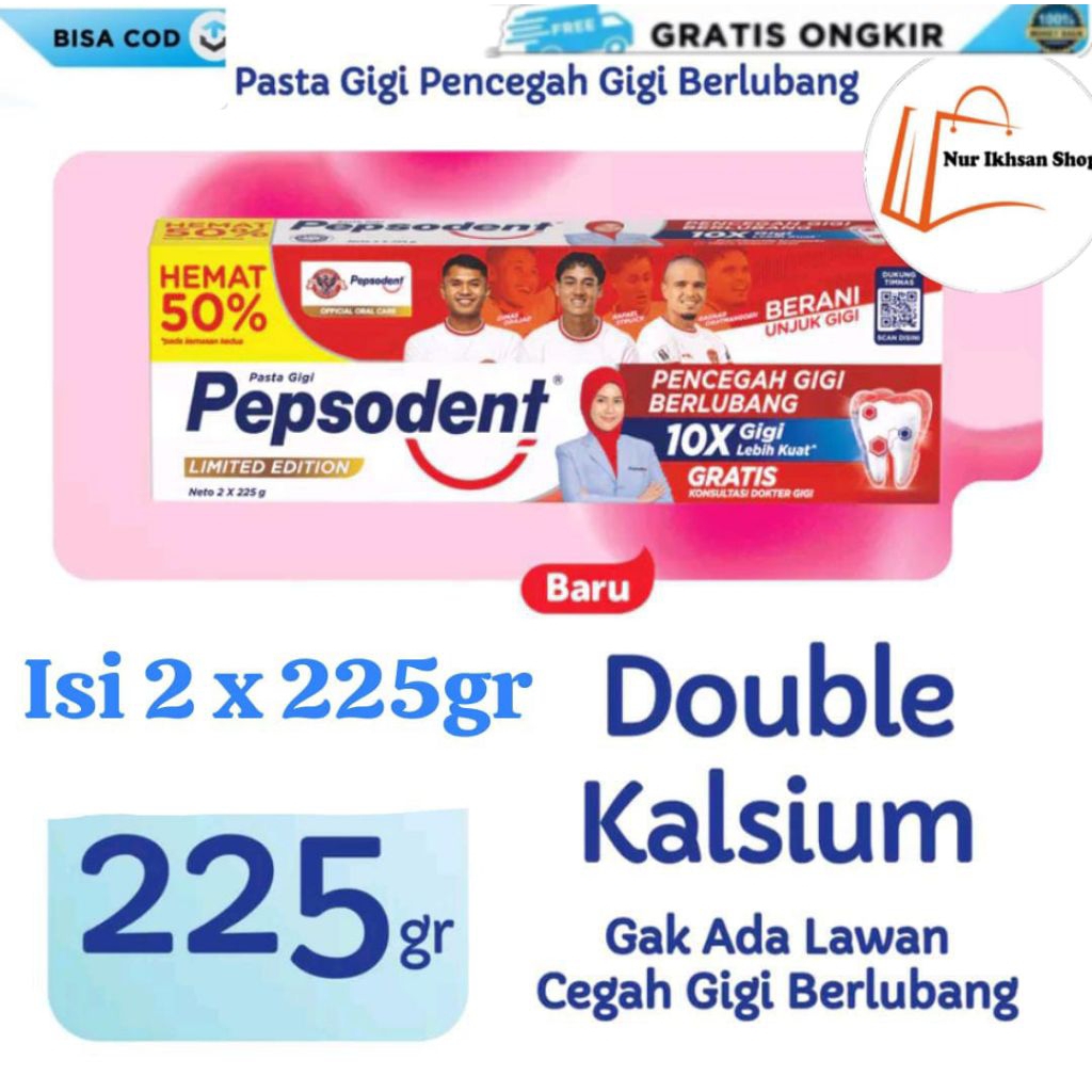 Pepsodent Isi 2pcs x 225gr Pasta Gigi/odol terbaik Pepsodent Ukuran 225gr Pencegah Gigi Berlubang