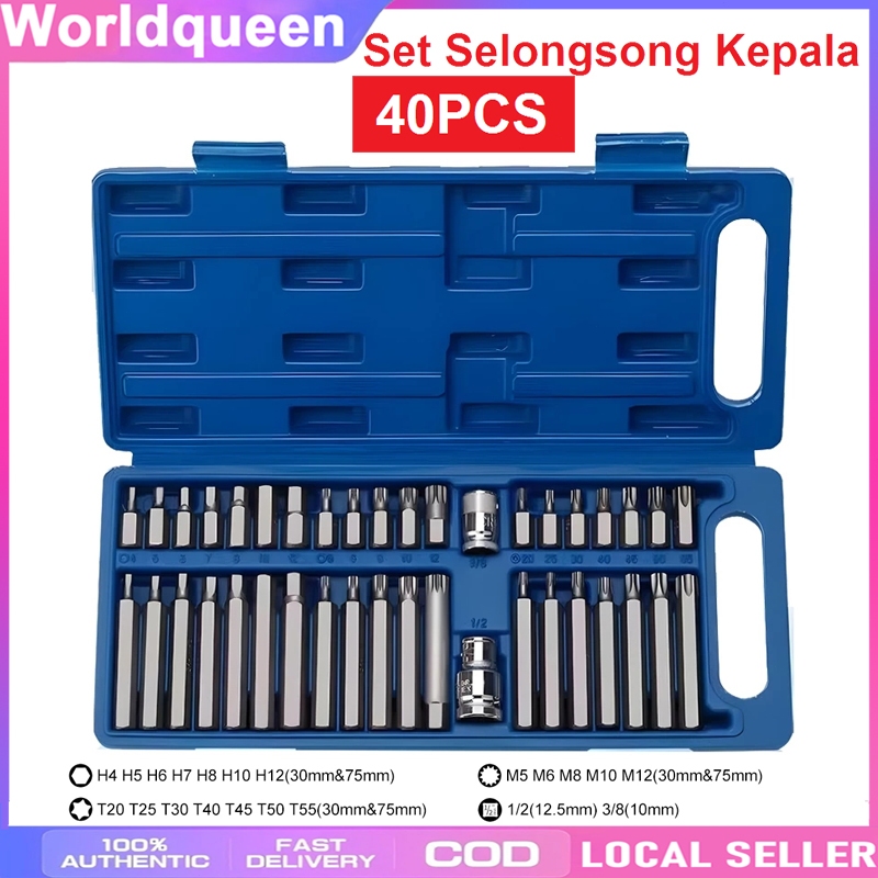 Set Mata Kunci L Bintang 10mm 40 Pcs Bit Star Hex Spline dengan Adaptor Drive 1/2 dan 3/8 Inci
