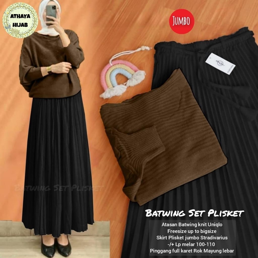 Batwing Rajut Set Rok Plisket (Athaya) Jumbo