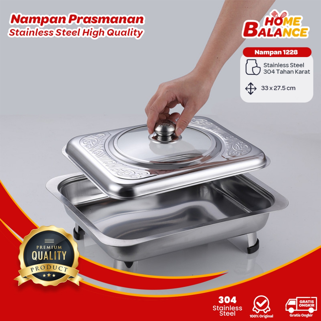 HomeBalance - Nampan Prasmanan Stainless Steel Tutup Kaca Elegan & Kaki Penyangga Kokoh - 1228