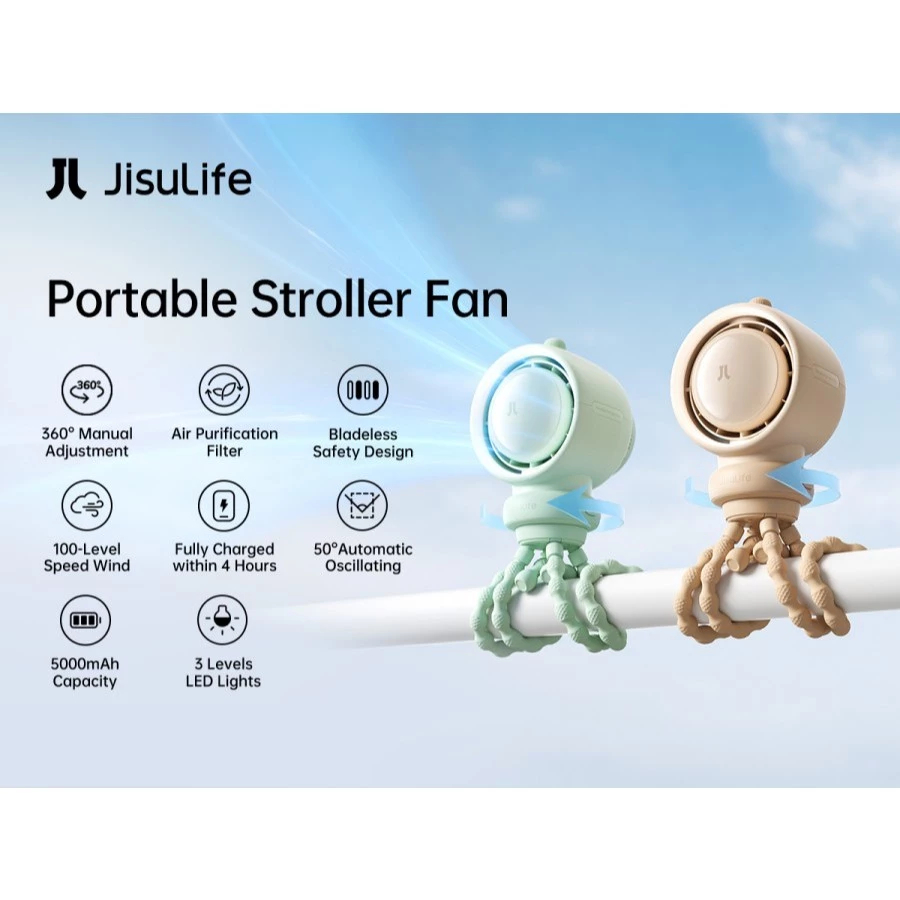 JISULIFE Stroller Fan Life2S 100S 5000 mAh | Portable Stroller Fan | Kipas Gurita | Kipas Portable