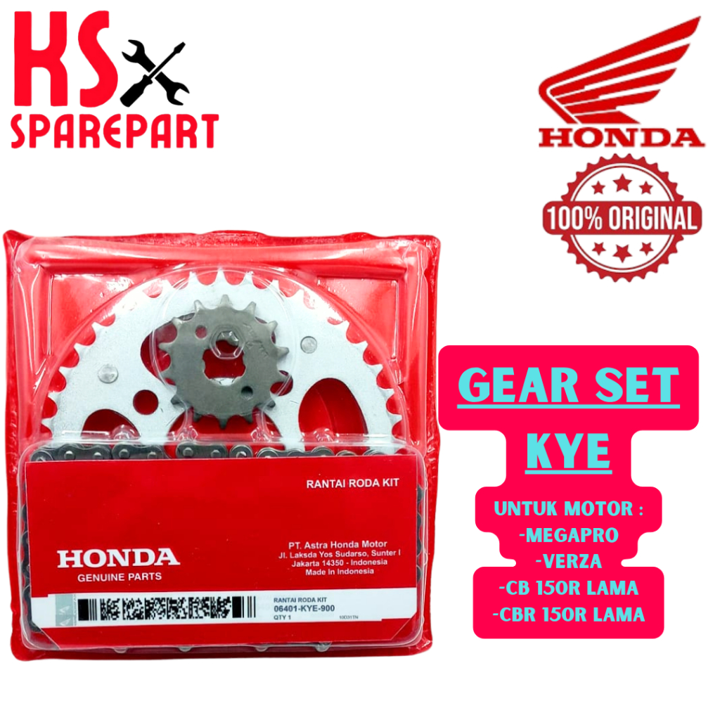 GEAR SET+RANTAI KODE-KYE ORI HONDA MEGAPRO/VERZA/CB 150 R LAMA KUALITAS ORIGINAL HONDA PRESIS 100% .