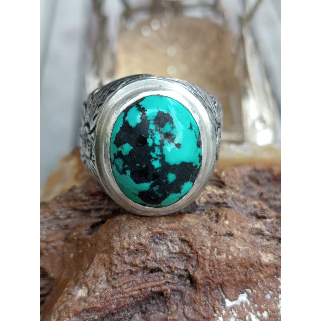 Natural Pirus Hubei Biru Top Urat Ring Koin HM Ukir Mewah