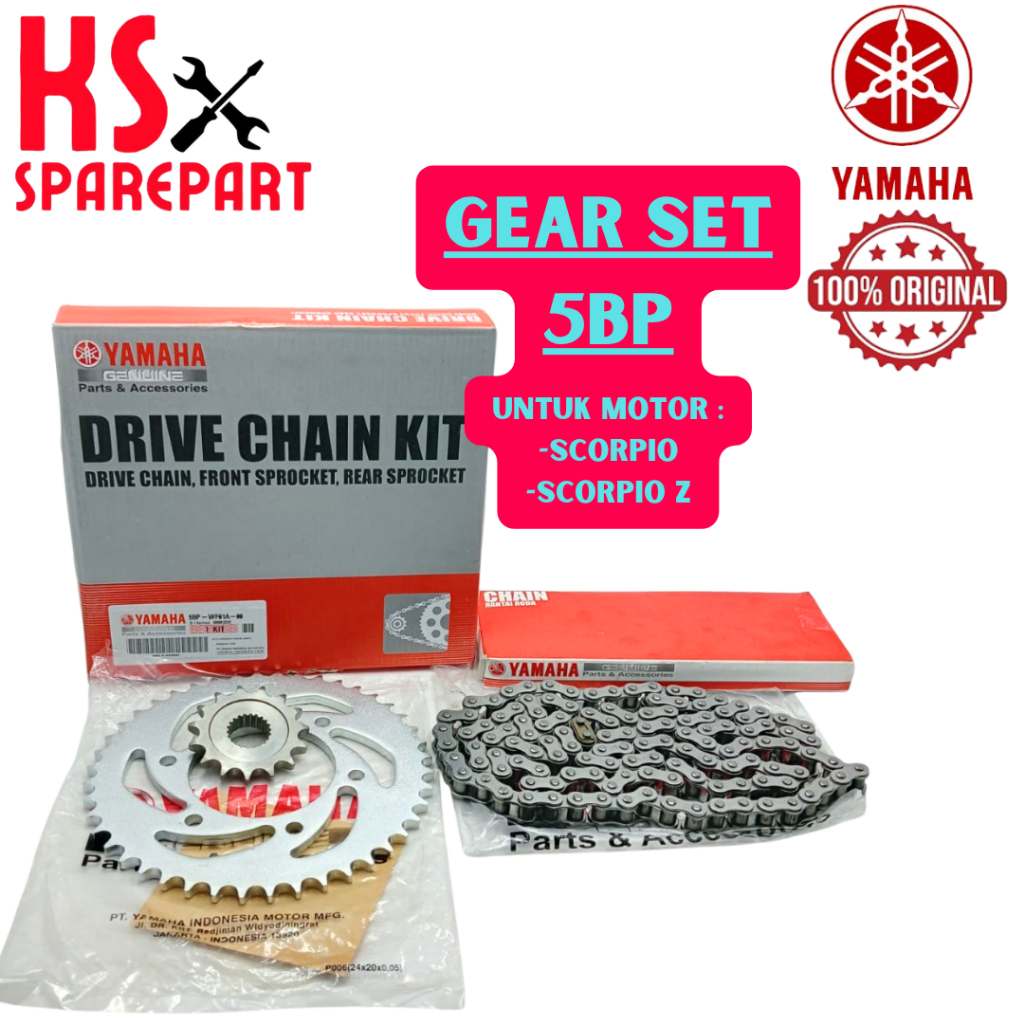 GEAR SET+RANTAI KODE-5BP ORIGINAL ASLI YAMAHA YPG SCORPIO/SCORPIO Z KUALITAS ORI YAMAHA YPG ORIGINAL
