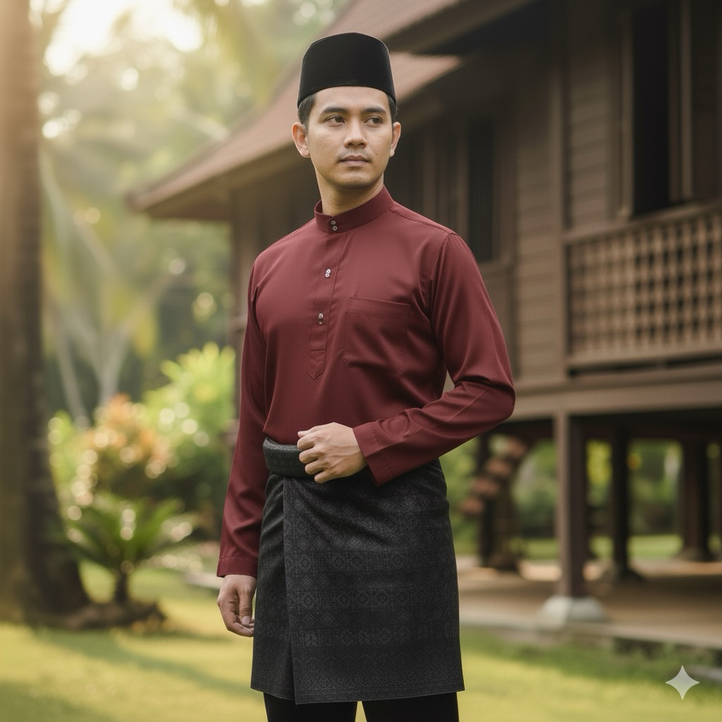 ONE SET BAJU MELAYU PRIA TELUK BELANGA CEKAK MUSANG PAKAIAN MUSLIM KOKO BAJU ADAT MELAYU DEWASA(BELU