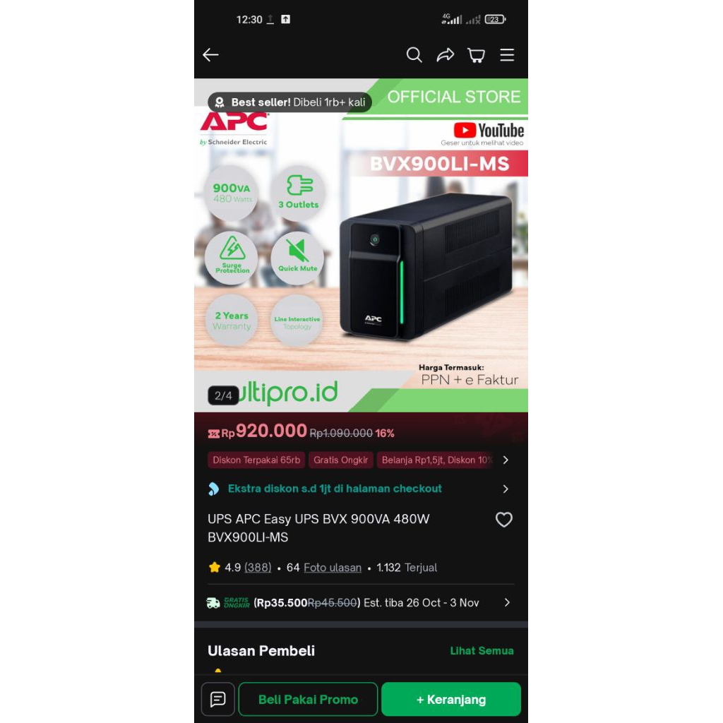 UPS APC EASY UPS BVX 900VA 480W(Bekas-Nego)