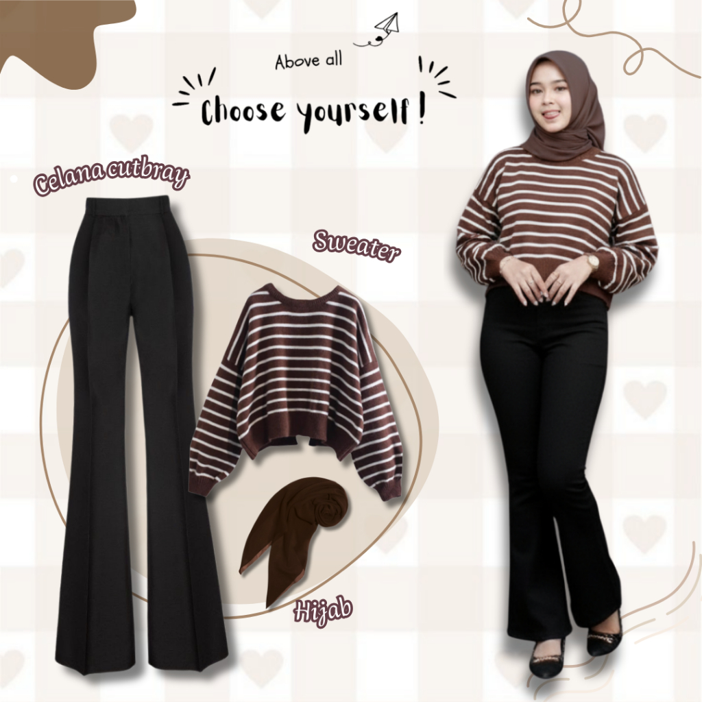 Setelan Wanita Stylish ( Sweater Rajut Shabira Strip Coffe + Celana Cutbray Hitam Scuba + Bella Squa