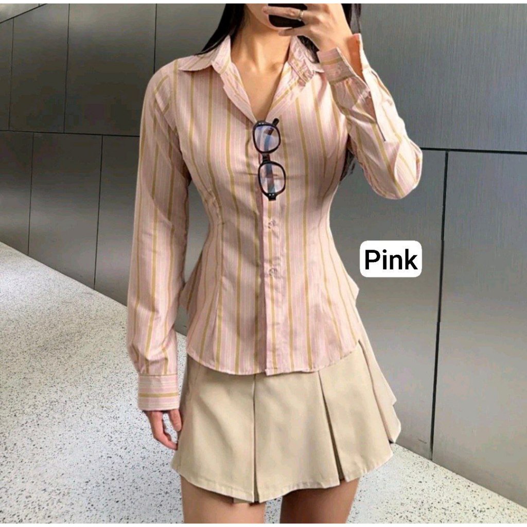 Kemeja Wispie - Wispie Girl Boss Fitted Shirt - Kemeja Kerja Wanita Fit Garis Stripe Karet - jsame.c