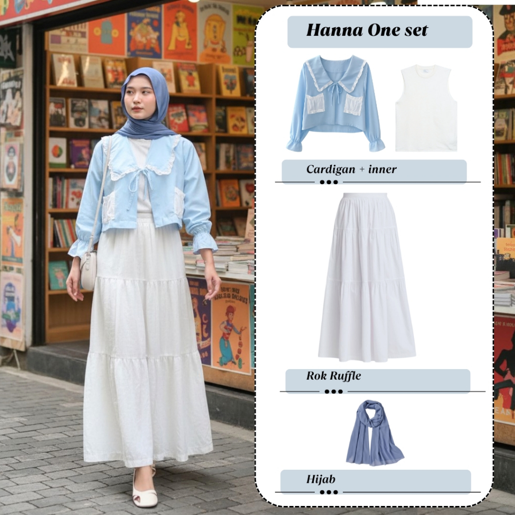 Outfit Wanita Kekinian ( Cardigan + Inner + Rok Ruffle + Square Hijab) Setelan Hanna One Set Casual