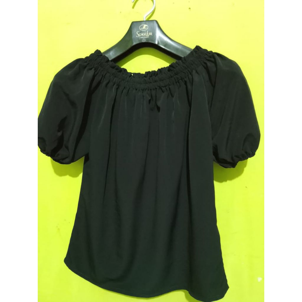 atasan remaja hitam/atasan polos hitam/atasan sabrina lengan pendek/atasan lengan balon