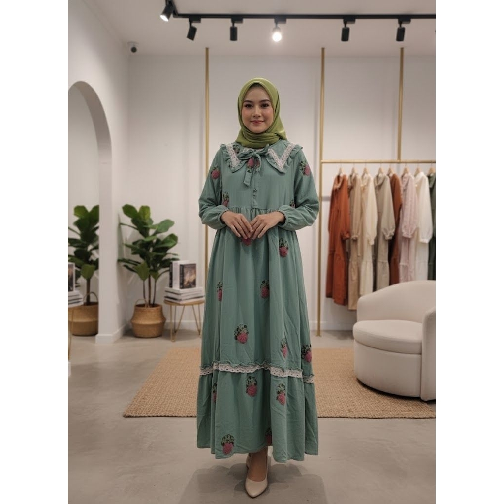 GAMIS KRINGKEL MOTIF TIMBUL VARIASI KERAH RENDA PITA