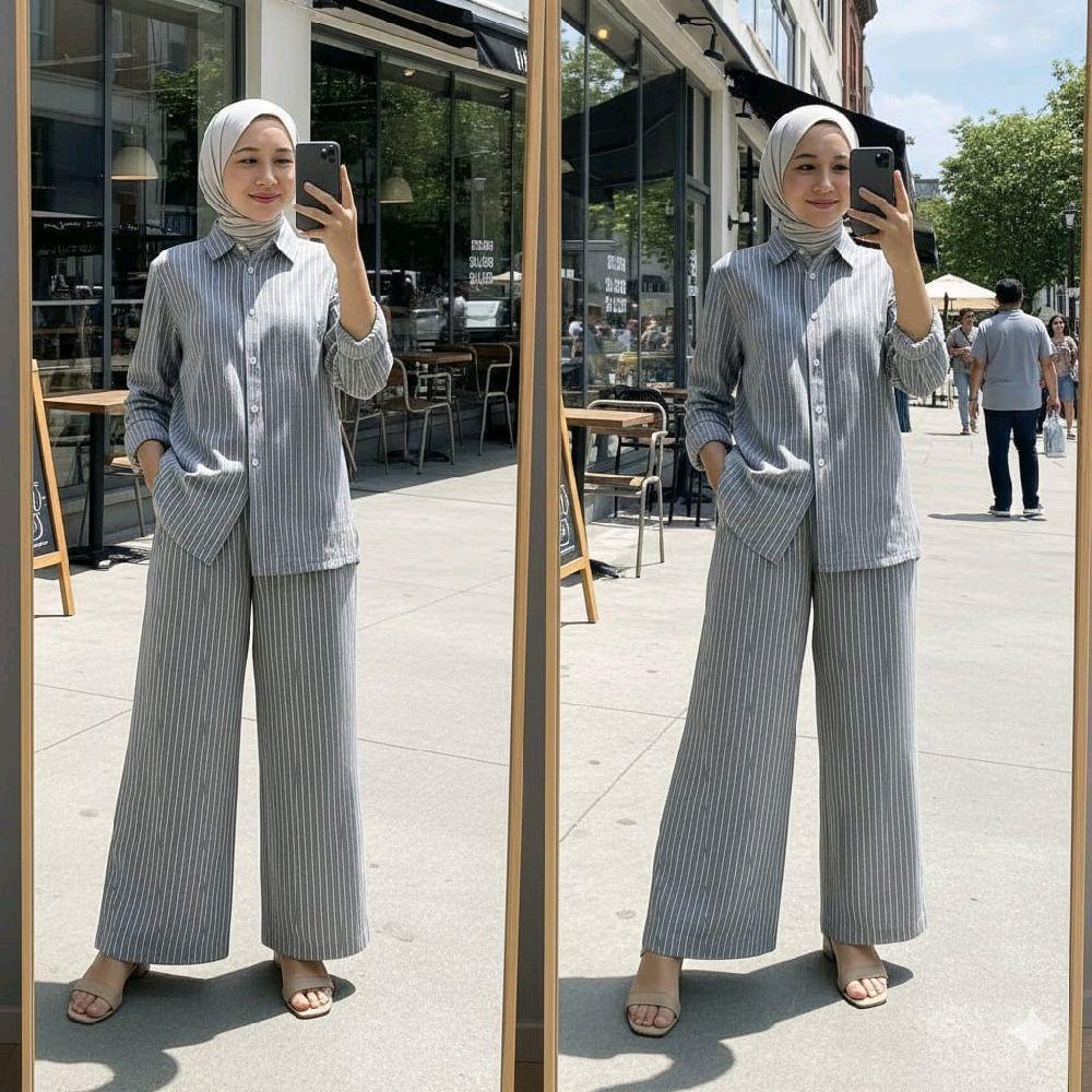 [READY] Tunik Stripe One Set | Setelan atasan tunik kasual wanita muslim remaja dewasa motif salur g