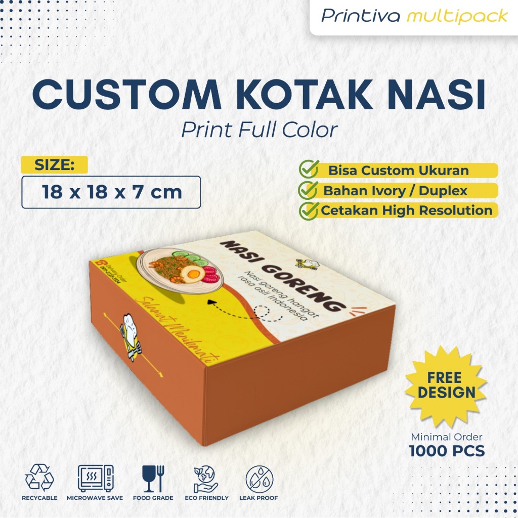 Cetak Custom Dus / Kotak Nasi uk. 18 x 18 x 7 cm (sambung) Full Color