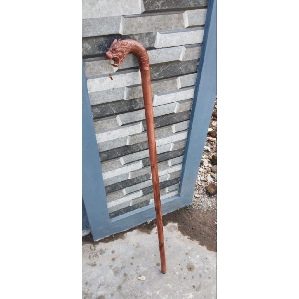 tongkat jalan kayu galih stigi laut super berukiran kepala macan