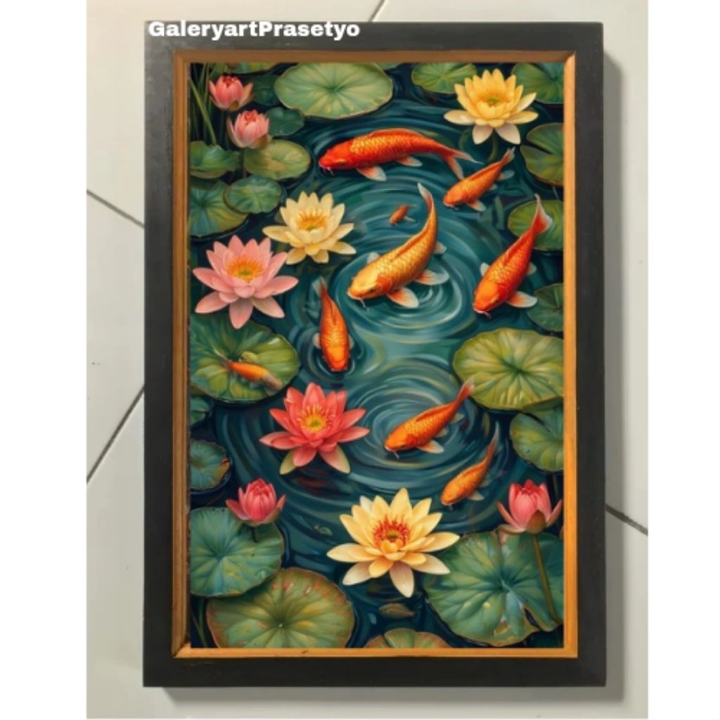 Hiasan Dinding Plus Bingkai Uk:35cm x 53cm Lukisan Cetak Ikan Koi Dan Bunga Teratai