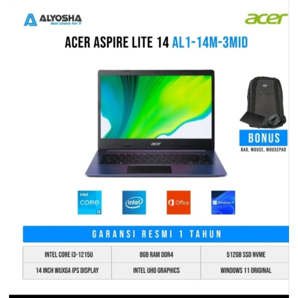Acer Aspire Lite 14 AL1 14M 3MID – Magical Color [Intel i3 1215U-8GB-SSD 512GB-14 WUXGA-W11+OHS