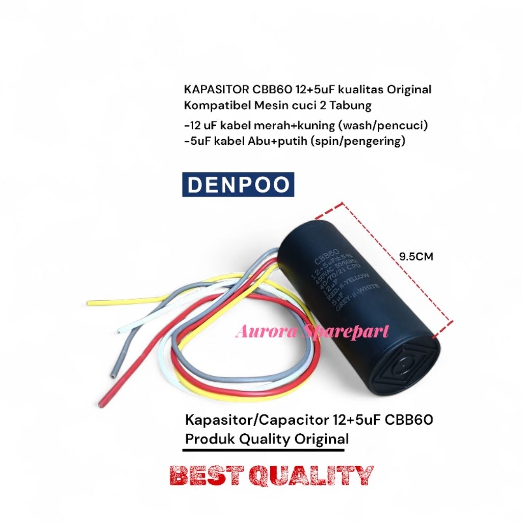 Kapasitor 12+5uF Original CBB60 kompatibel mesin cuci denpoo 2 Tabung