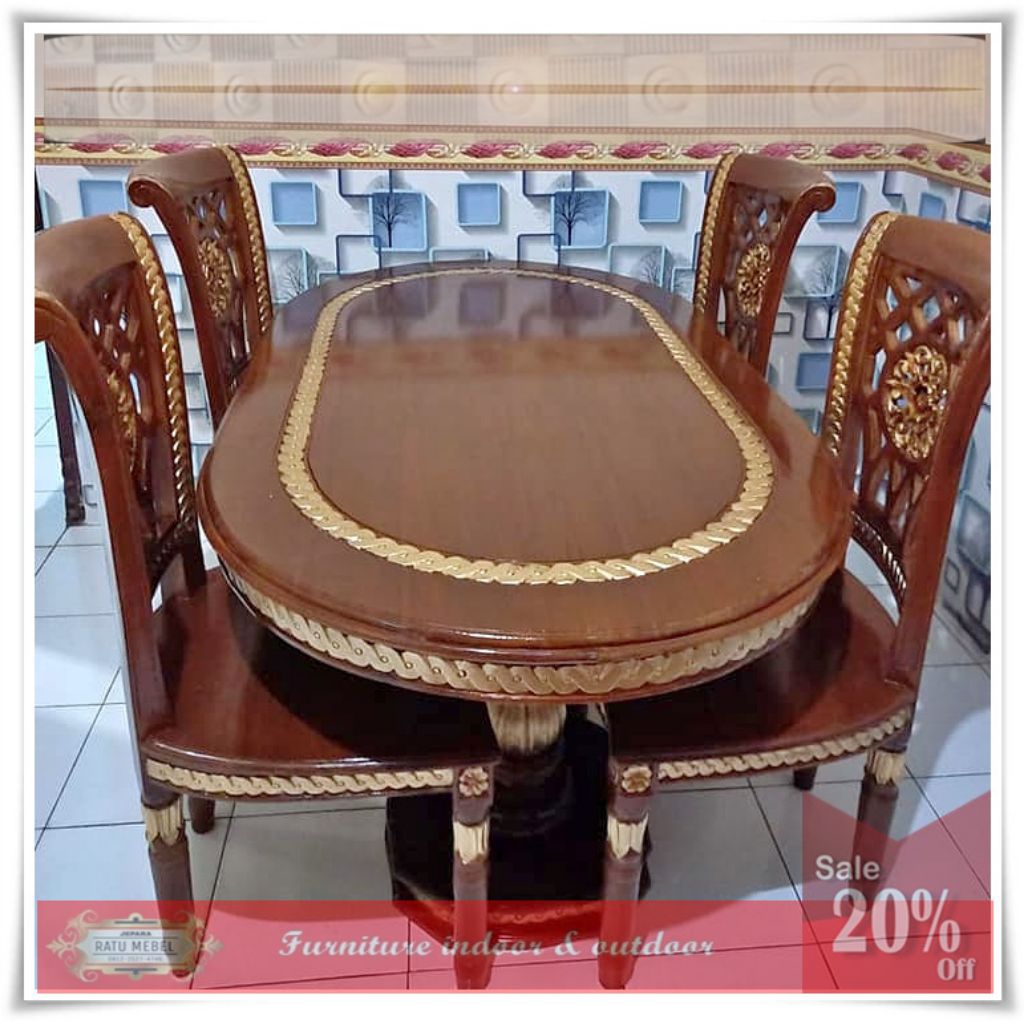 Meja Makan Oval Klasik Kayu Jati Ukiran Emas + Kaca Tebal Elegan 4 Kursi
