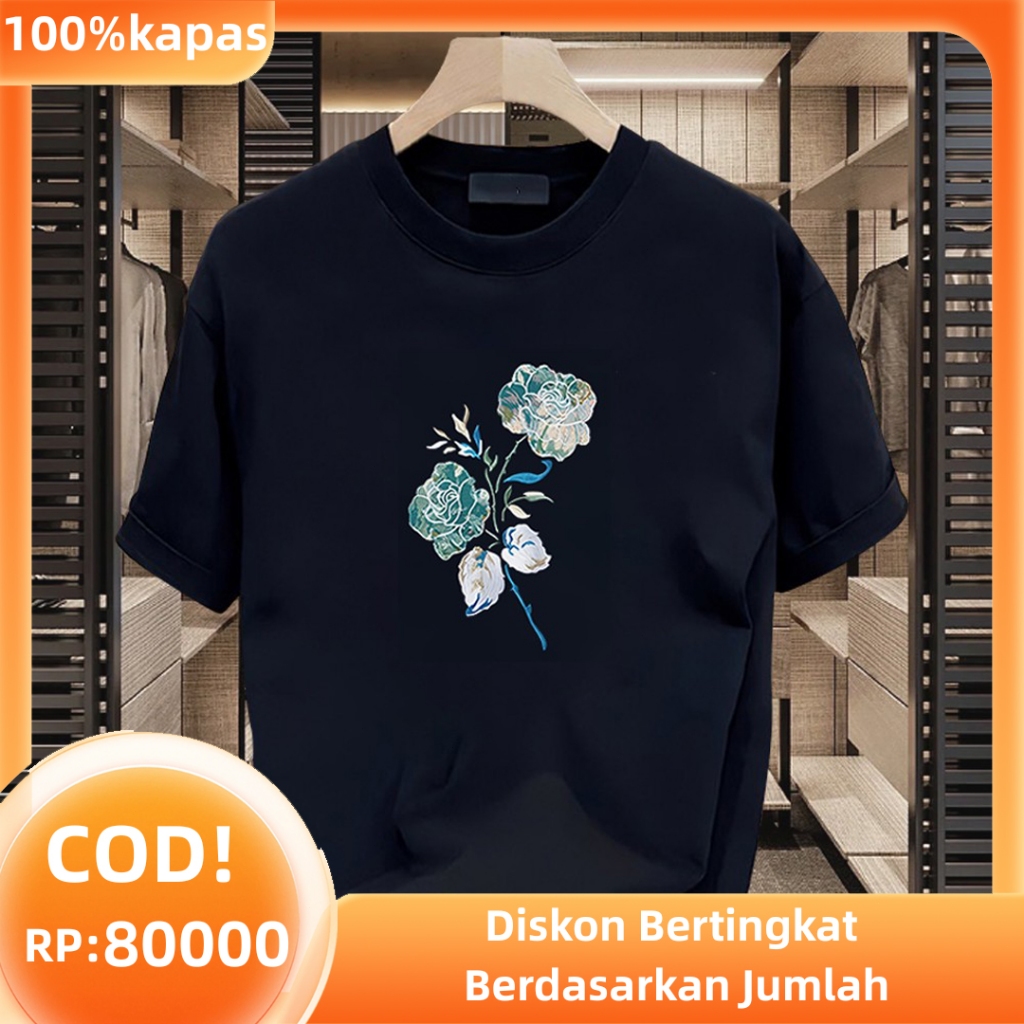 CODKaos Murah Berkualitas Kaos Distro Hitam Keren, Motif Bunga Mawar Artistik dengan Warna Tosca & P