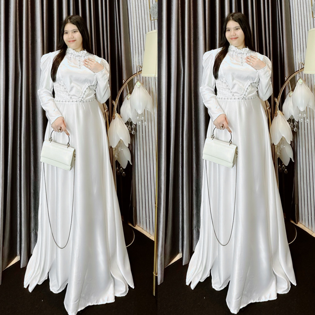 Gamis Putih Satin Mutiara Kombinasi Tile Baju Muslim Vima 71051