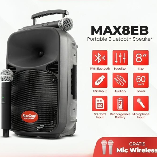 Speaker Aktif Portable Baretone 8 Inch MAX08EB 60W/Speaker Karaoke Bluetooth Baretone 8" MAX 08 EB