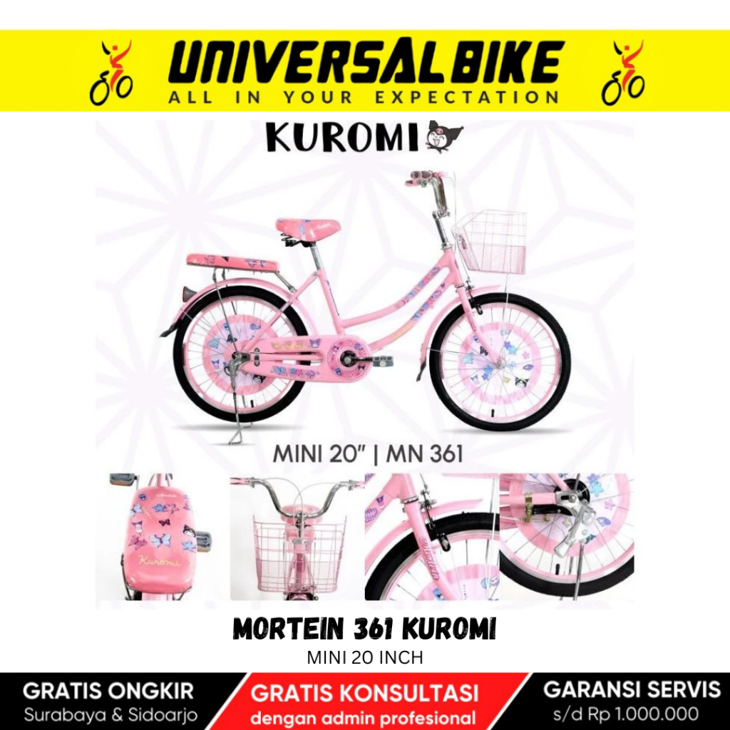 Sepeda Mini Kuromi Lucu MORTEIN 361 20 Inch, CTB Remaja Cewek, Keranjang Depan & Boncengan Empuk