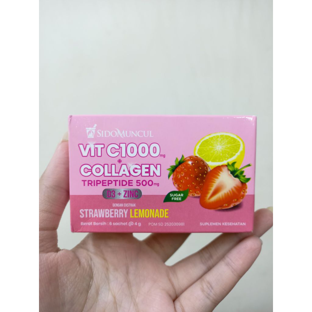 Sidomuncul Vitamin C 1000MG COLLAGEN 500MG Rasa Strawberry LEMONADE isi 6 Saset