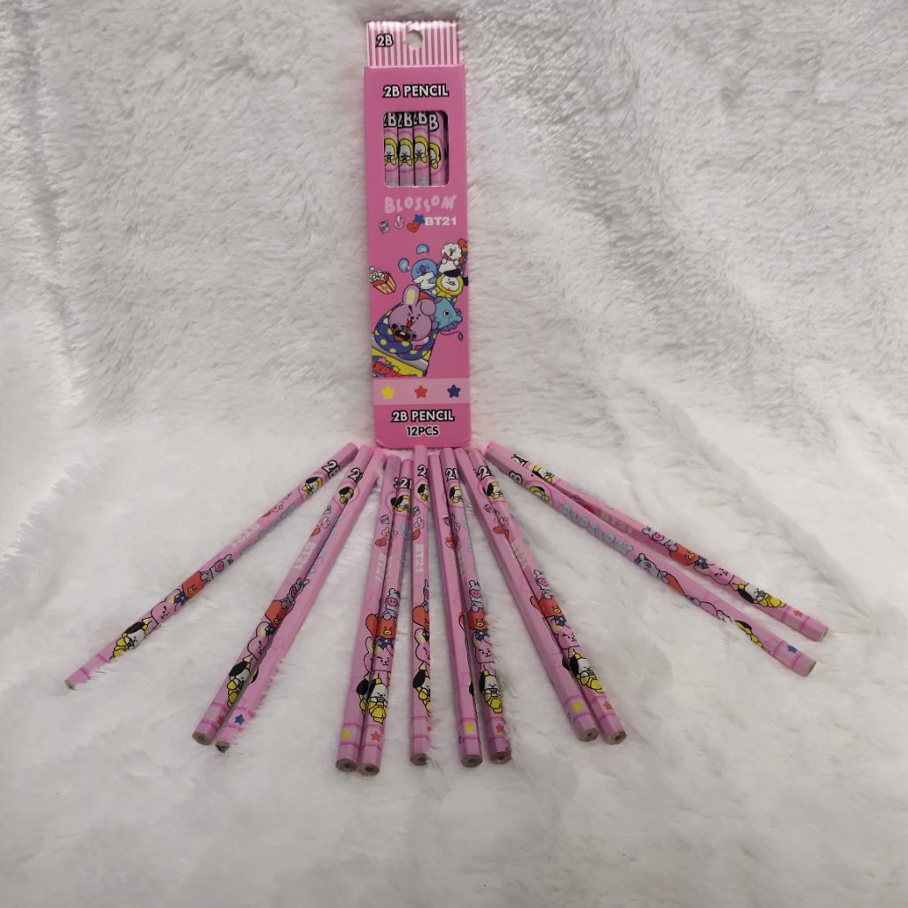 Pensil 2B BT21 Blossom Karakter Lucu 1 Box Isi 12 Pcs/Pensil Sekolah Anak Desain Kartun Warna Pink