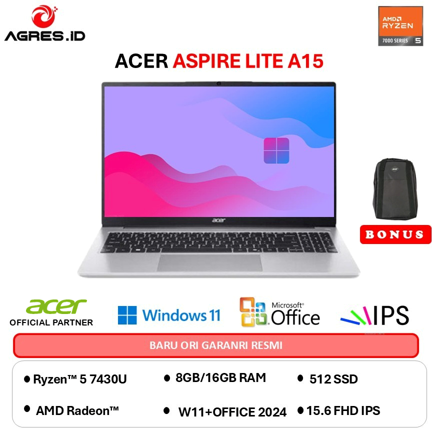 ACER ASPIRE LITE AL15 AMD RYZEN 5 7430U - RAM 16GB 512GB W11+OHS 15.6 FHD IPS - 42P.R50P