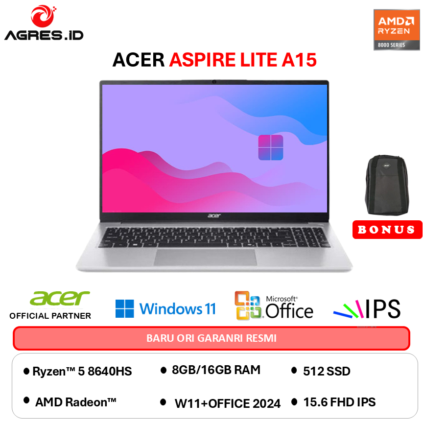 ACER ASPIRE LITE 15 AL15 RYZEN 5 8640HS - RAM 16GB 512GB W11+OHS 15.0FHD IPS-61P.R3QE