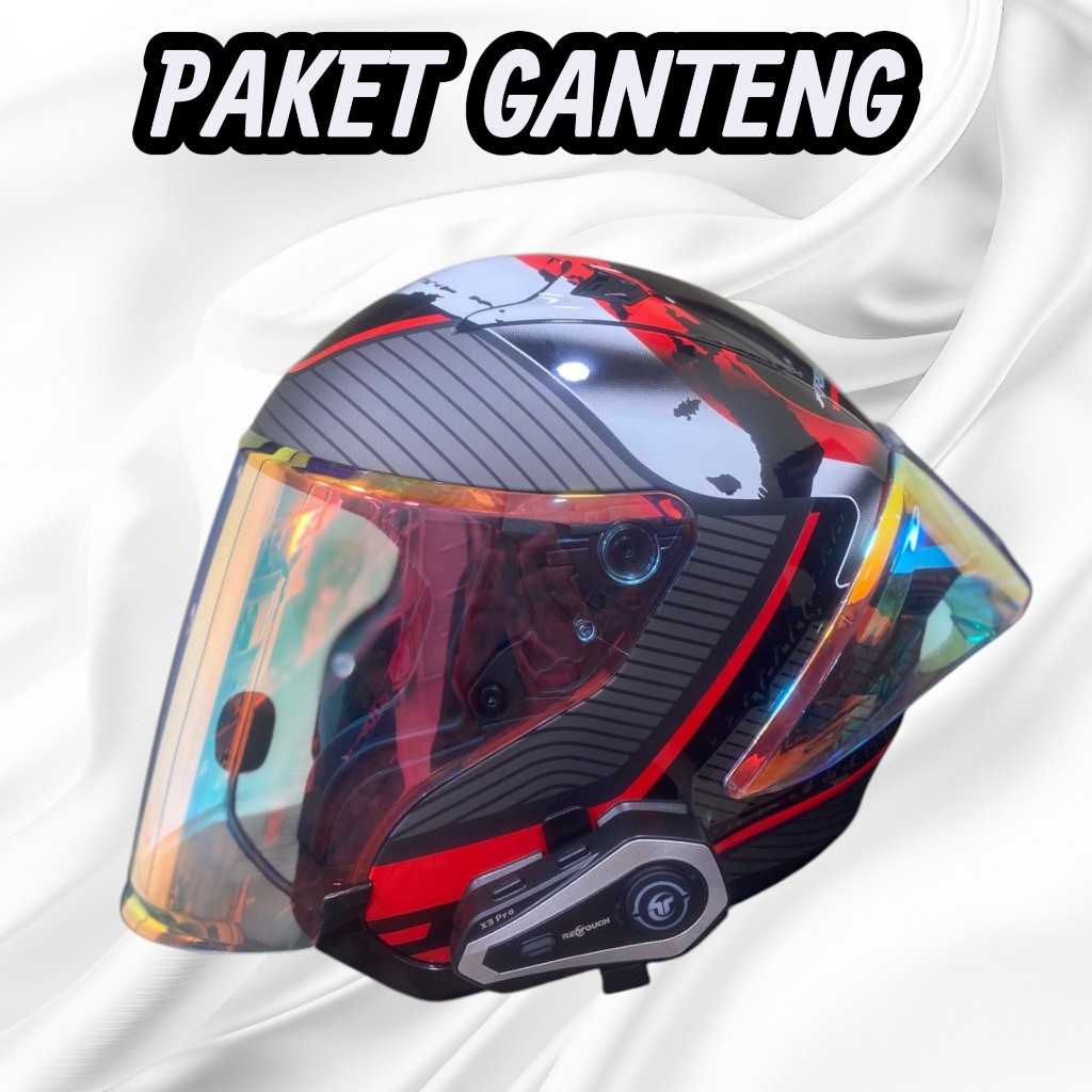 PAKET GANTENG NJS KAIROZ GT MOTIF ONE PRIDE SPOILER KACA CLEAR IRIDIUM RED FULL SET INTERCOM X3 PRO