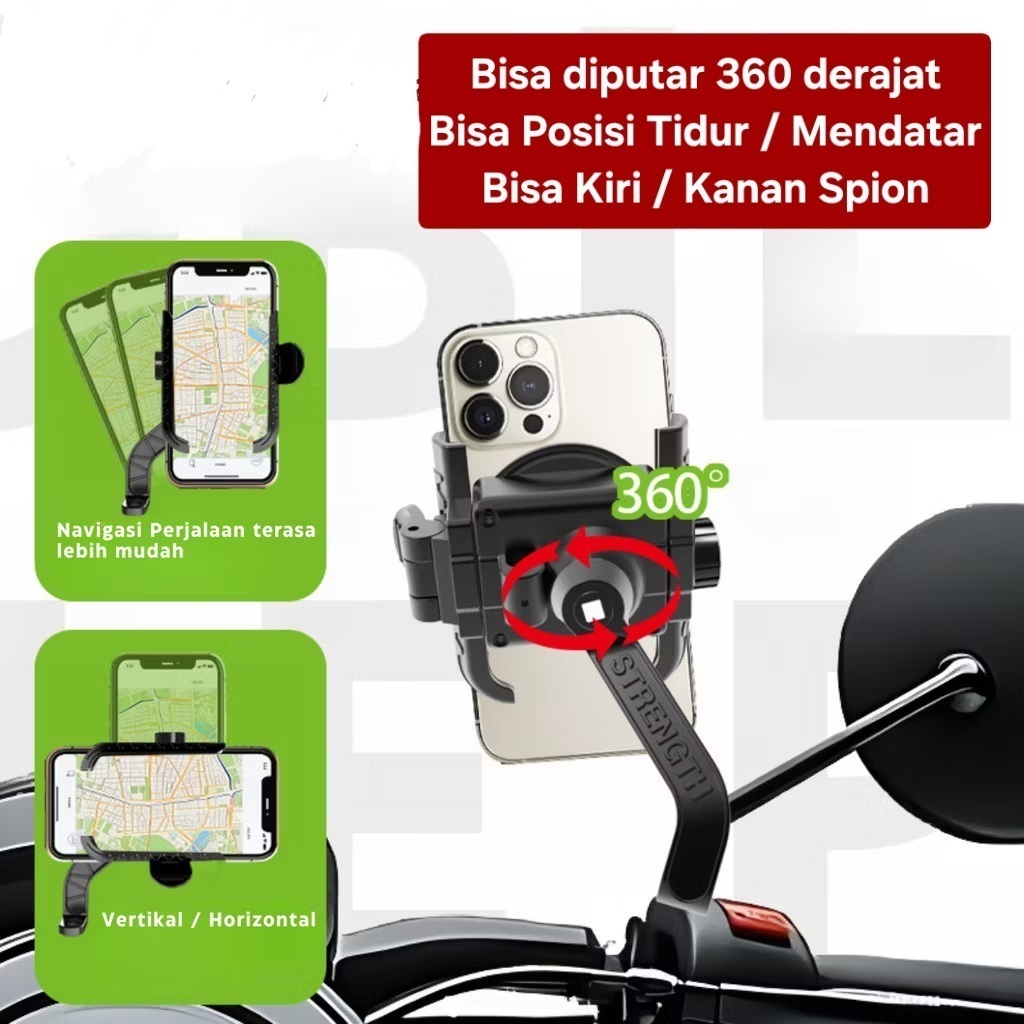 MH -Dudukan Hp Spion Motor Holder Motor Anti Maling Dual Lock 360 Rotasi VA8