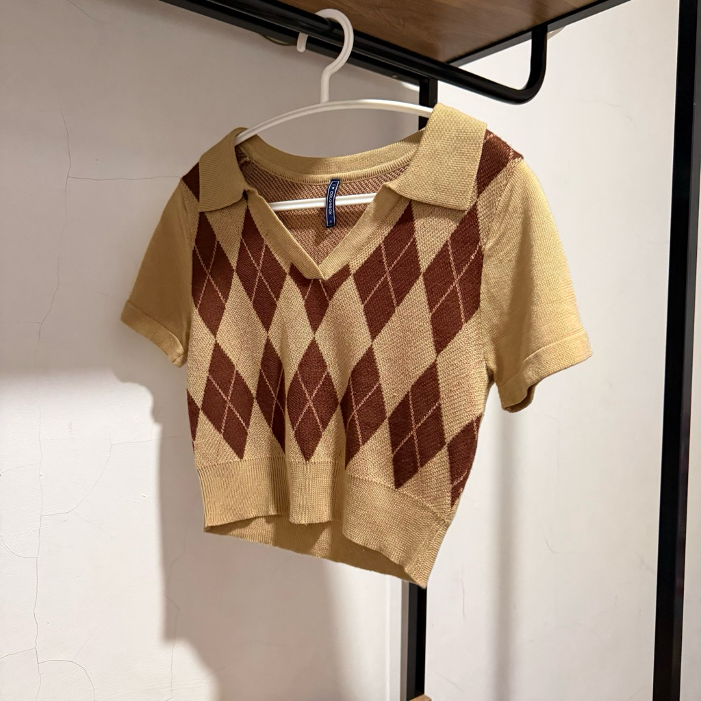 colorbox crop top rajut atasan wanita kotak kotak coklat ukuran s korean