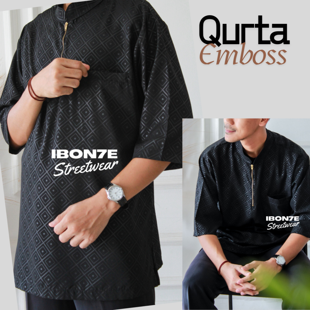 Baju koko pria dewasa embos hitam - Qurta koko dewasa lengan pendek pria terbaru