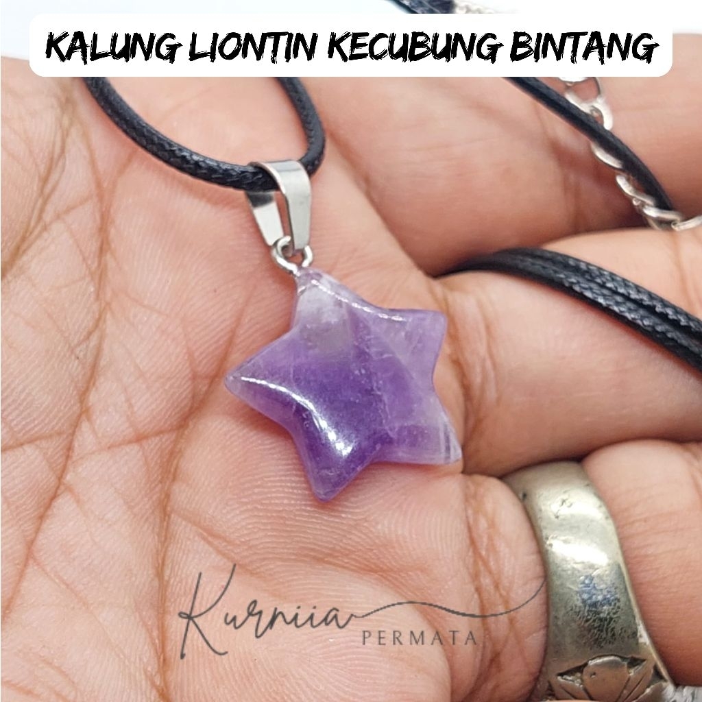 Kalung Liontin Batu Kecubung Model Bintang / Amethyst Quartz Asli Natural Batu Alam