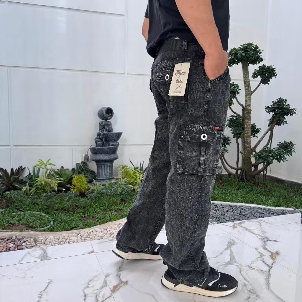 Murah Long Cargo Pants Jeans Pria Loose Fit Nstrech Regular Cargo Jeans Denim Black Sandwash Populer