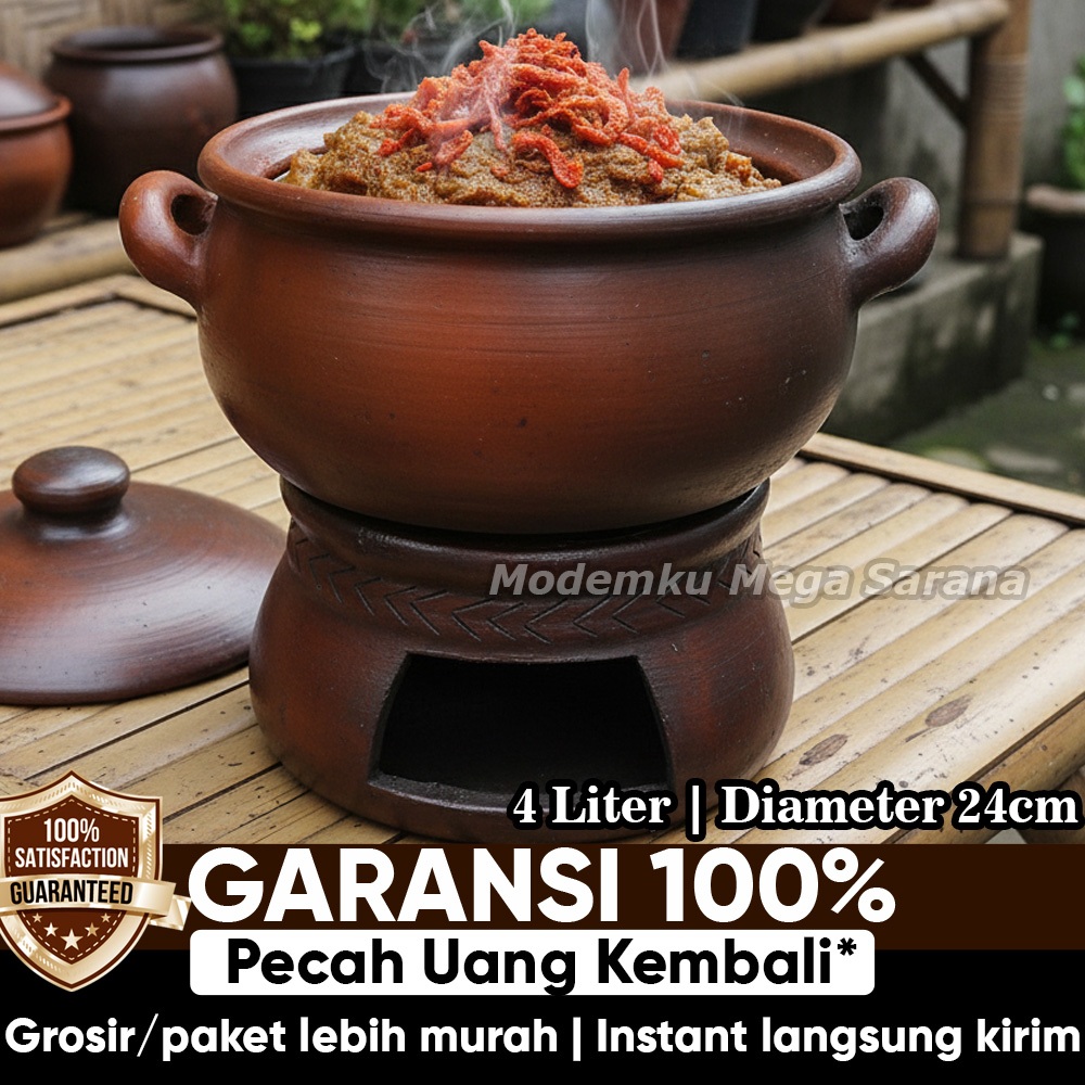 Pawon Gerabah | Set Panci 24 cm -  4 Liter + Keren / Anglo 22 cm Tanah Liat Tradisional - Panci Kend
