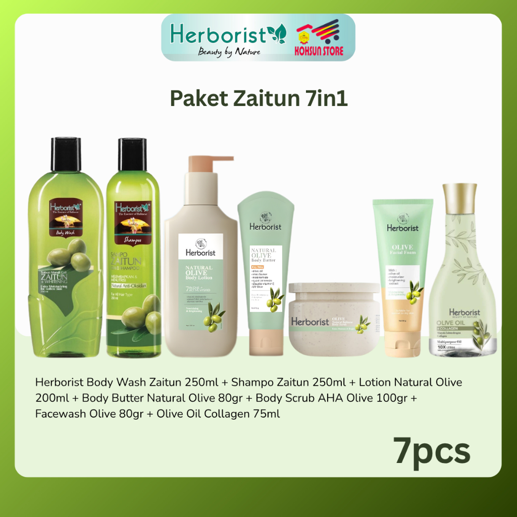 HERBORIST PAKET 7IN1 Body Care Zaitun & Olive - (Shampoo, BodyWash, Body Butter, FaceWash, Scrub, Lo