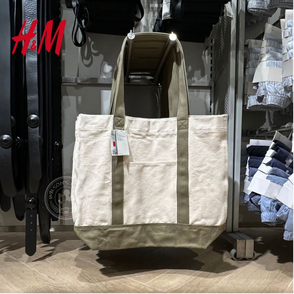 [ORIGINAL] H&M Tote Bag Shopping Canvas Bag Tas Jinjing Kanvas Beige Teal Putih Tulang Hijau Army Un