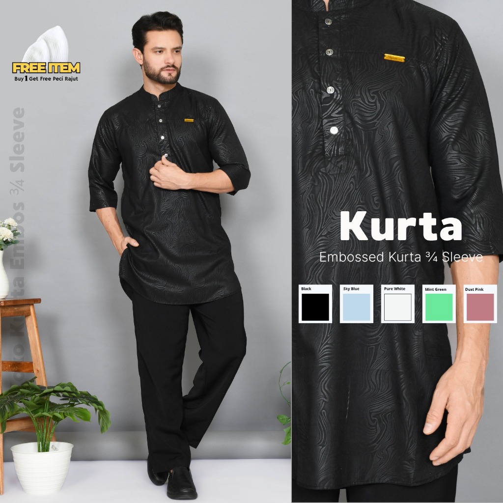 Koko Kurta Dewasa Embos Motif Harimau Baju Pria Embos Model Kurta Variasi Kancing Lengan Reglan 3/4