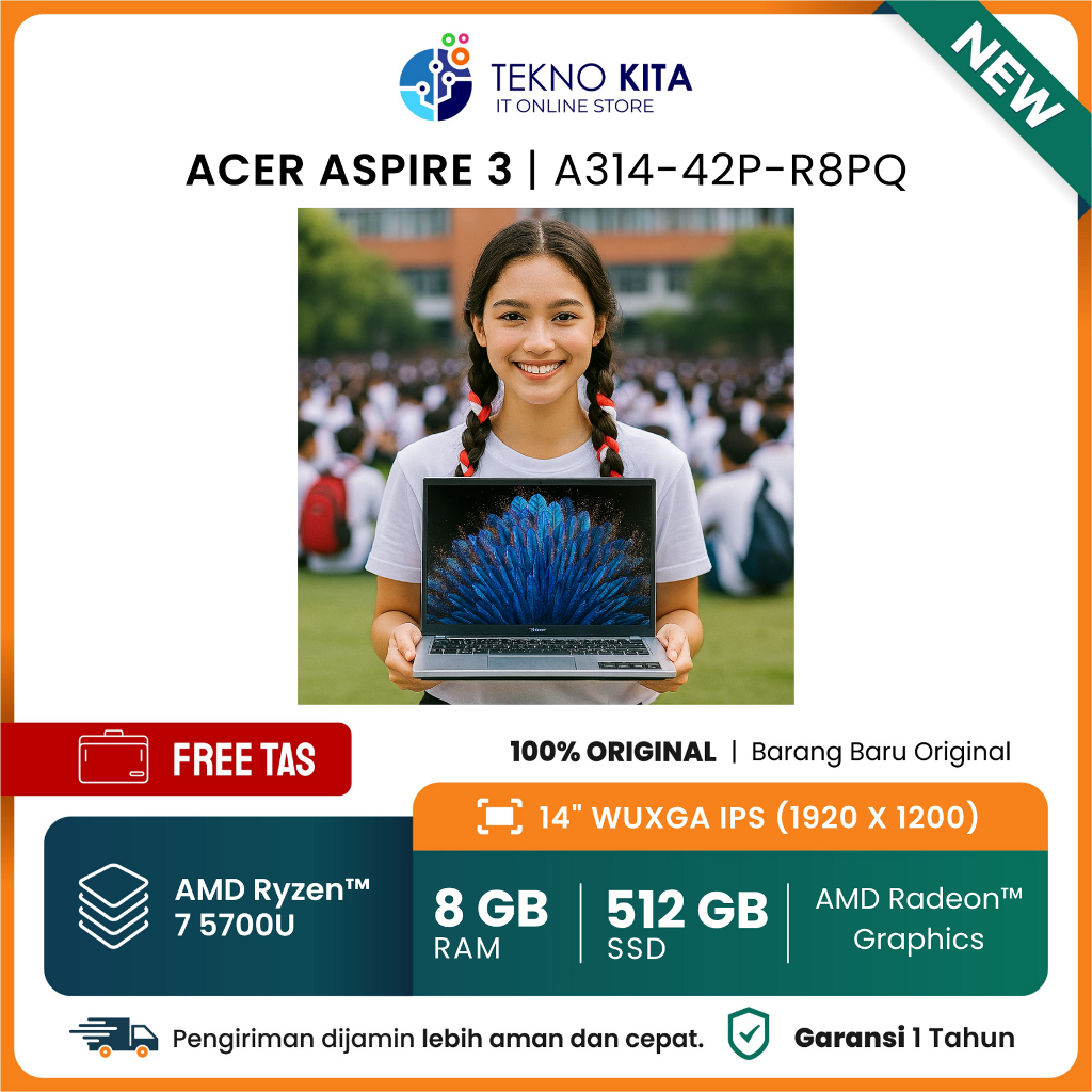 Laptop Mahasiswa Baru Acer Ryzen 7 5700U Ram 8Gb Ssd 512Gb Layar 14" Wuxga IPS Silver - Laptop Acer 