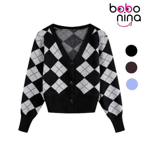 Ninabobo SL037 Kardigan Tebal Lengan Panjang Wanita Vintage Cardigan Outer Motif Kotak Kancing