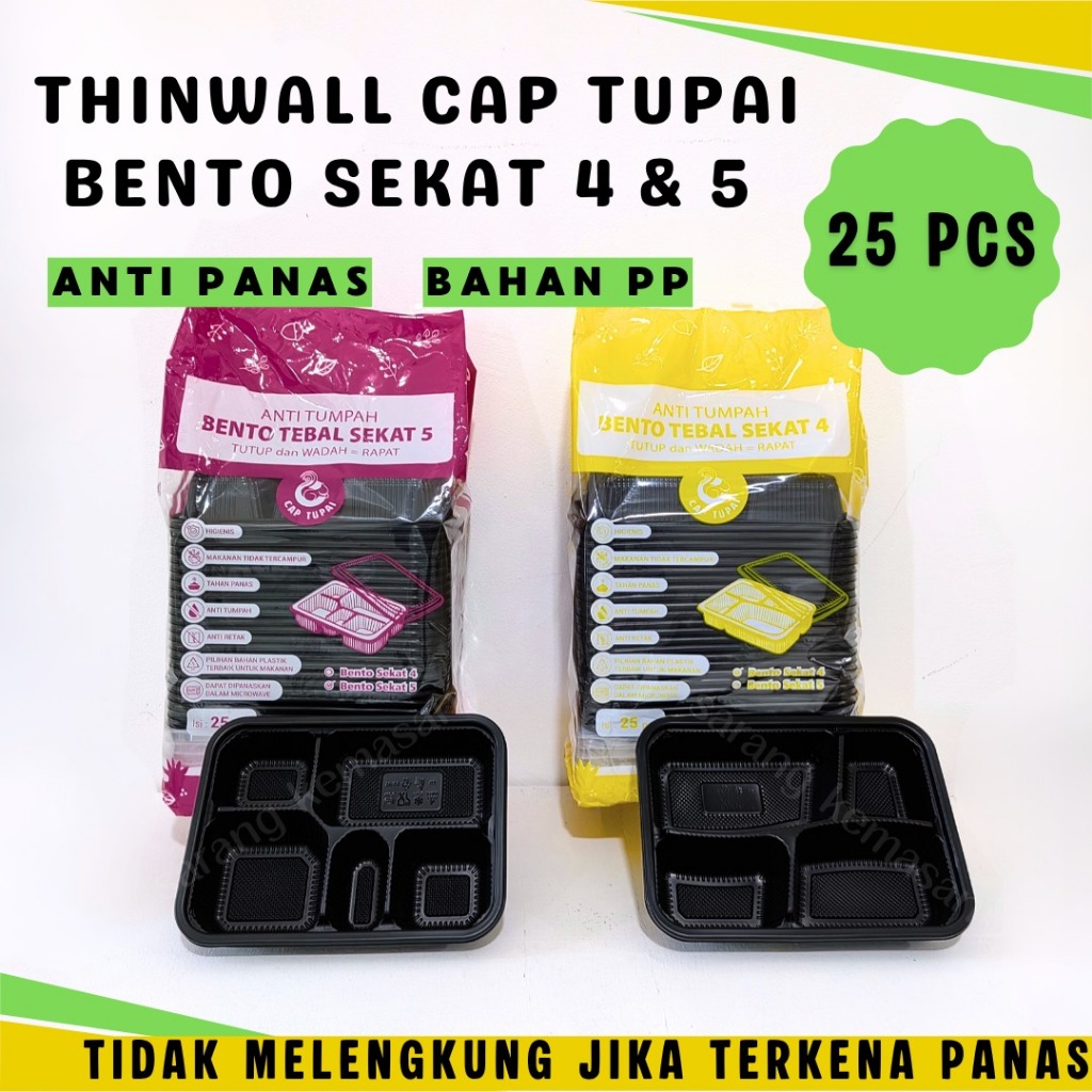 Thinwall Bento TUPAI Hitam Sekat 4, Sekat 5 / Thinwall Bento Hitam / Kotak Bekal Hitam / Isi 25pcs-P