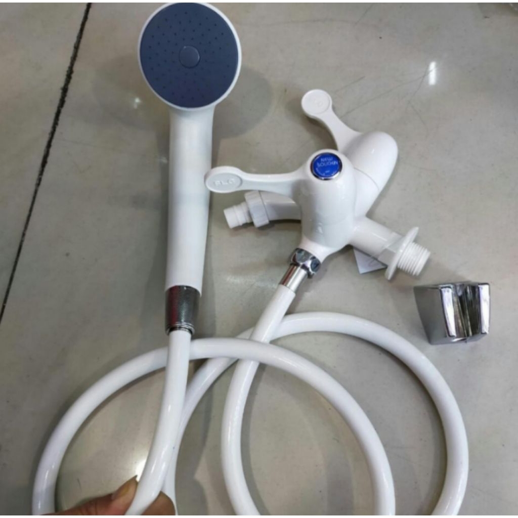 Paket hand shower plastik+ kran cabang putih / Hand shower / kran cabang plastik