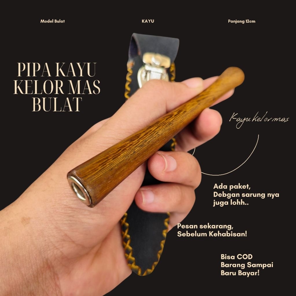 Pipa Padud Once Cangklong Kayu Kelor Mas – Model Bulat Panjang 12cm Elegan & Nyaman Dipakai