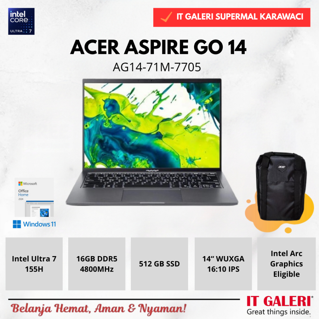 ACER ACER ASPIRE GO 14 AG14-71M-7705  INTEL CORE ULTRA 7-155H 16G 512G 14 WUXGA IPS WIN11+OFFICE2024