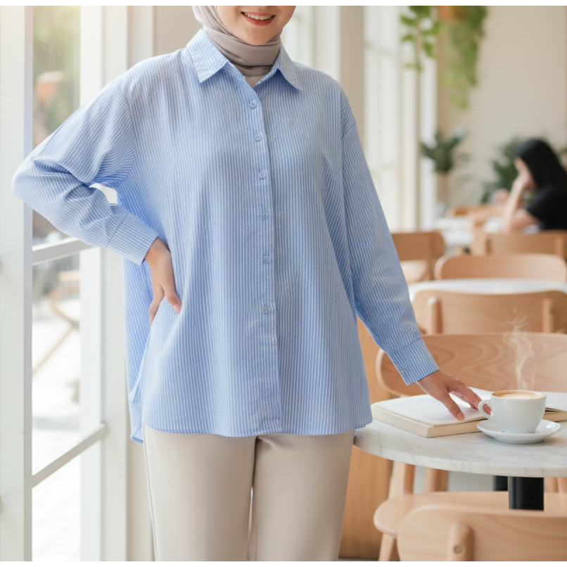 Kemeja Wanita Lengan Panjang Garis-garis - Kemeja Salur