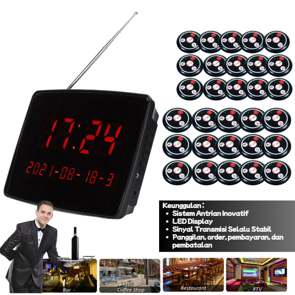Bel Meja Restoran Wireless Calling System Pelayan Klinik, Cafe, Bar, SPA, , Kasir 30 Tombol