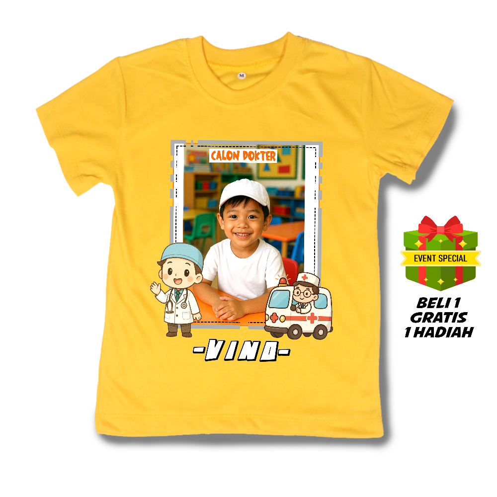 Baju Anak Custom Calon Dokter Foto & Nama Adem Nyaman Sablon DTF Bonus Hadiah | Atasan Cowok Kaos Di